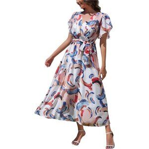 Women Wrap V Neck Boho Floral A Line Flowy Casual Short Sleeve Belted